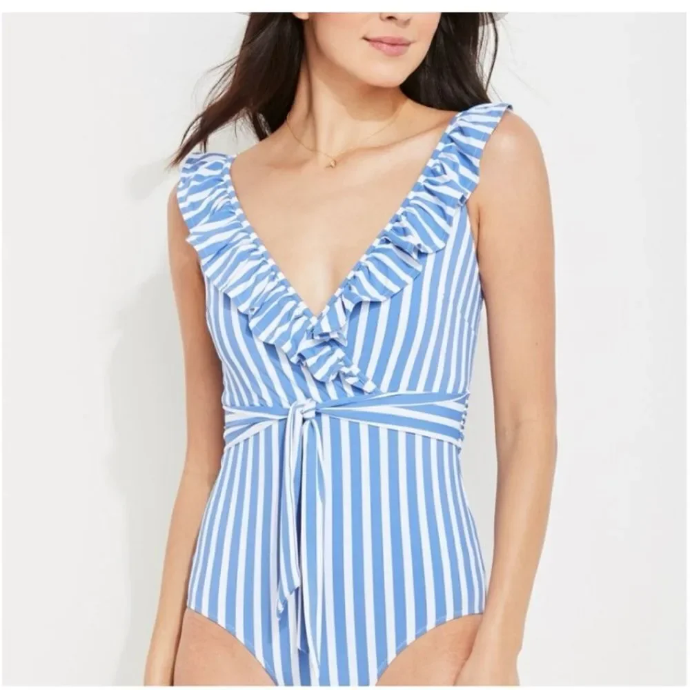 Vineyard Vines Women’s Blue and White Sail Stripe Ruffle One-Piece Swimsuit